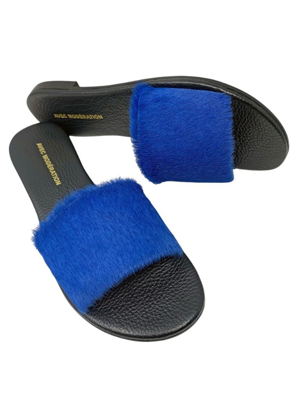 AVEC MODÉRATION Bora Bora Royal Blue Pony Hair Leather Slides‎